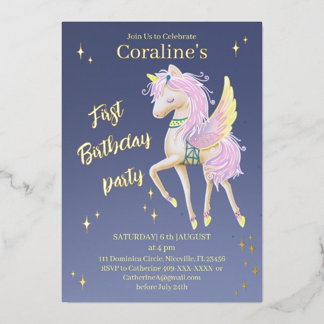 En Aluminium Invitation Anniversaire 1 an avec une licorne. (Recto)