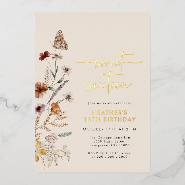 En Aluminium Invitation anniversaire Boho à feuille d'or (Recto)