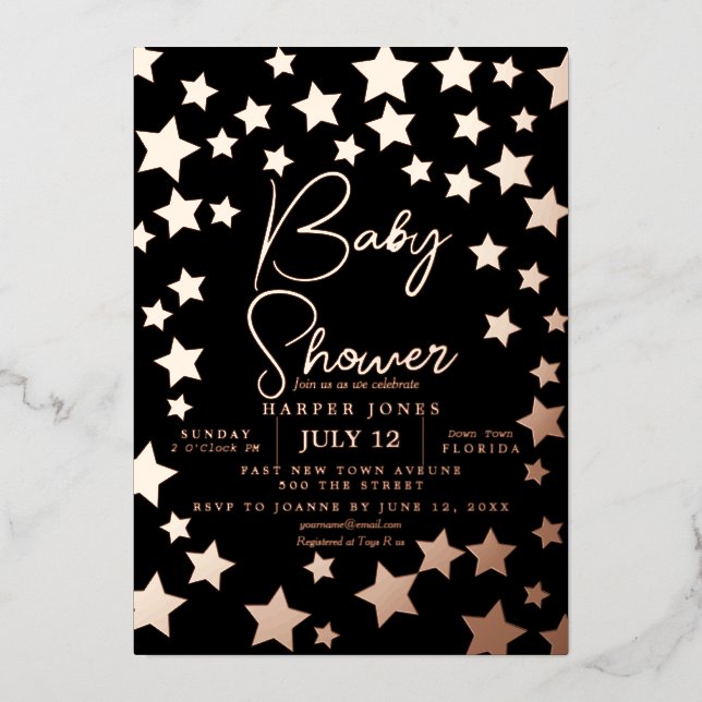 En Aluminium Invitation Baby Shower étoile noire et cuivre sip  (Recto)