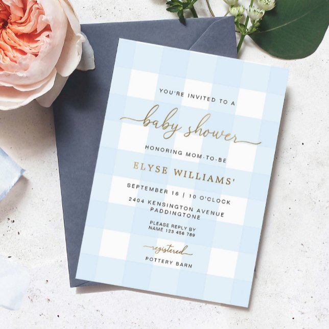 En Aluminium Invitation Baby Shower Gingham Bleu avec Feuille d (Baby Shower Gold Foil Invitation Blue Gingham)