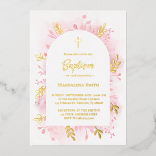 En Aluminium Invitation baptême aquarelle rose feuille d'or