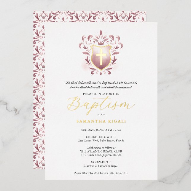 En Aluminium Invitation Baptême de fille Cimier Rose Dusty (Recto/Verso)