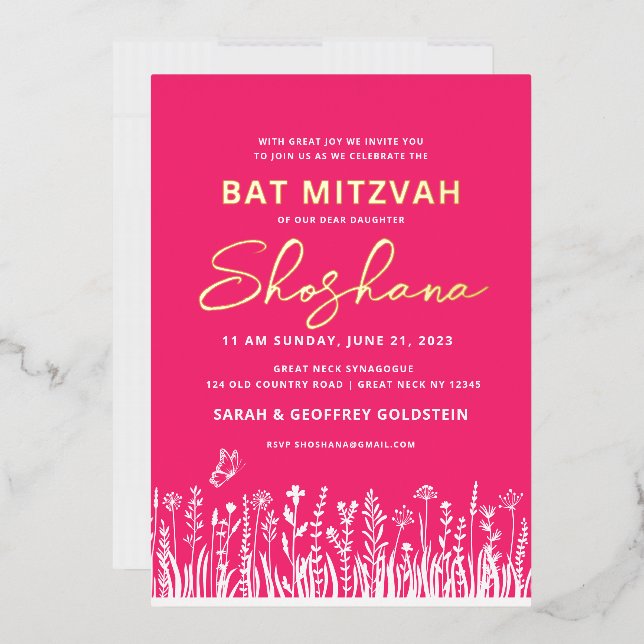 En Aluminium Invitation bat mitzvah aquarelle avec OR RÉEL (Enveloppe)