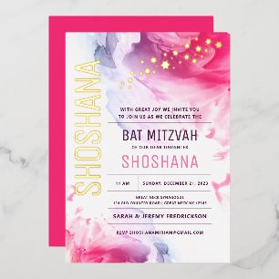 En Aluminium Invitation bat mitzvah aquarelle avec OR RÉEL