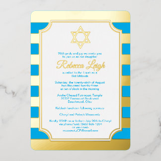 En Aluminium Invitation Bat mitzvah étoile rayé bleu, or