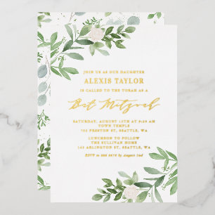 En Aluminium Invitation Bat Mitzvah Fleurs Blanches et Feuillag