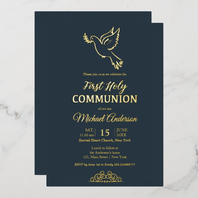 En Aluminium Invitation communion or et bleu (Recto/Verso)