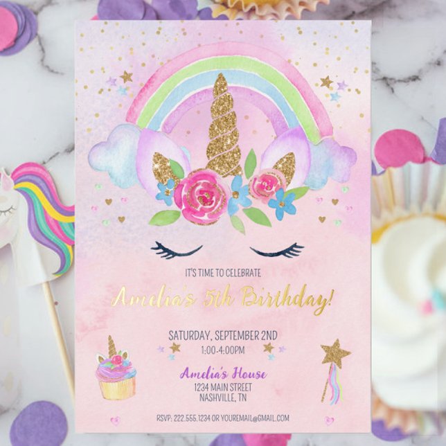 En Aluminium Invitation d'anniversaire de la licorne magique Ra (Pink Magical Unicorn Rainbow Gold Foil Birthday Invitation, Pastel Unicorn Theme Party for Girl)