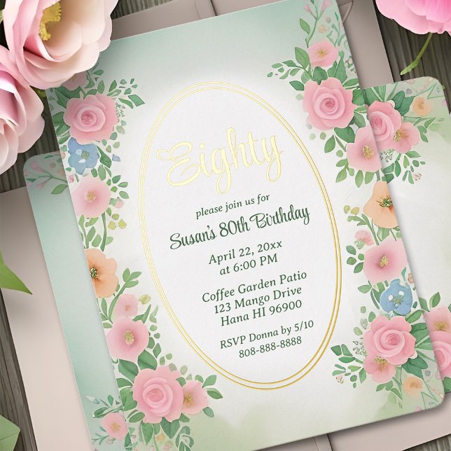 En Aluminium Invitation d'anniversaire Pink Spring Aquarelle Fl (Spring garden watercolor floral 80th birthday party invitation in pink & green with fancy gold foil)