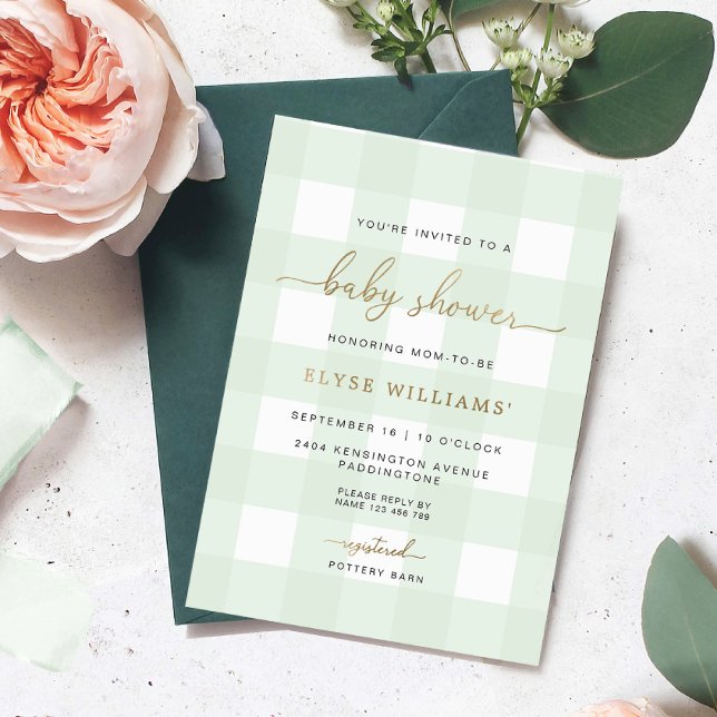 En Aluminium Invitation de Baby shower de  vert Mint (Baby Shower Gold Foil Invitation Mint Green Gingham)