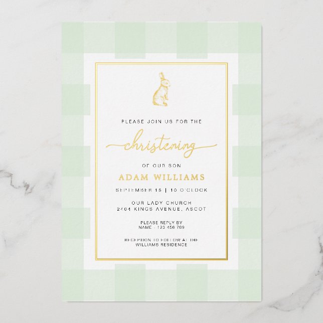 En Aluminium Invitation de baptême à motif gingham menthe avec  (Recto)