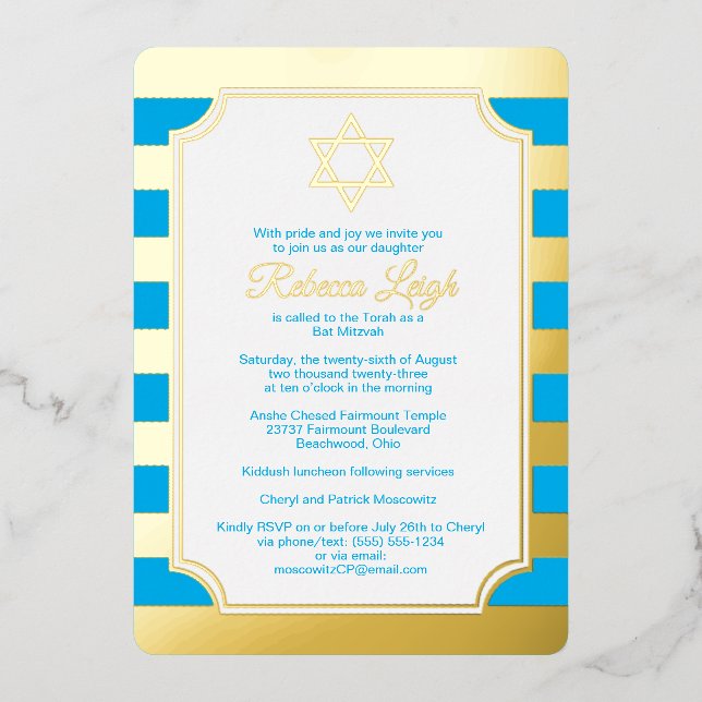 En Aluminium Invitation de Bat Mitzvah étoile rayée de bleu et  (Recto)