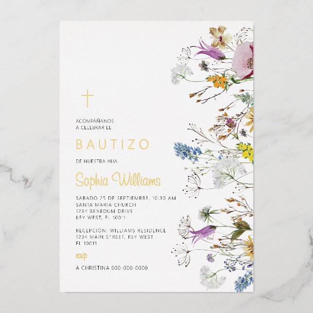En Aluminium Invitation de Fleurs Sauvages pour Baptême (Recto)