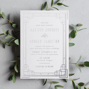 En Aluminium Invitation de mariage Art Déco moderne argenté feu