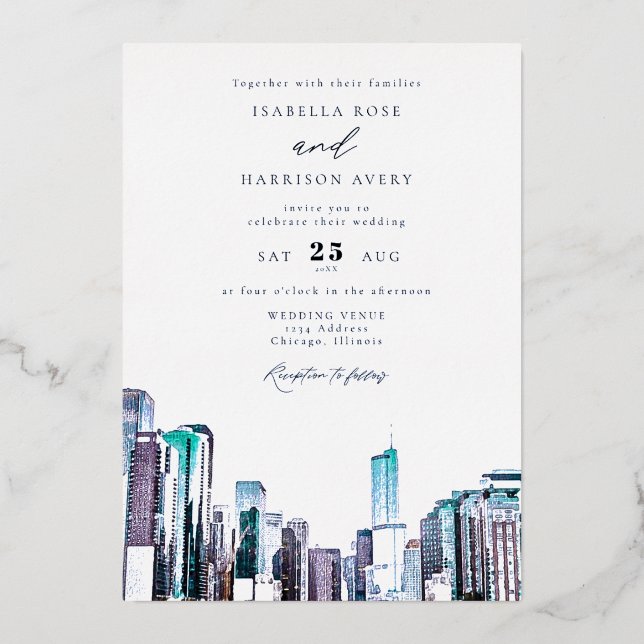 En Aluminium Invitation de mariage avec vue sur Chicago à l'aqu (Recto)