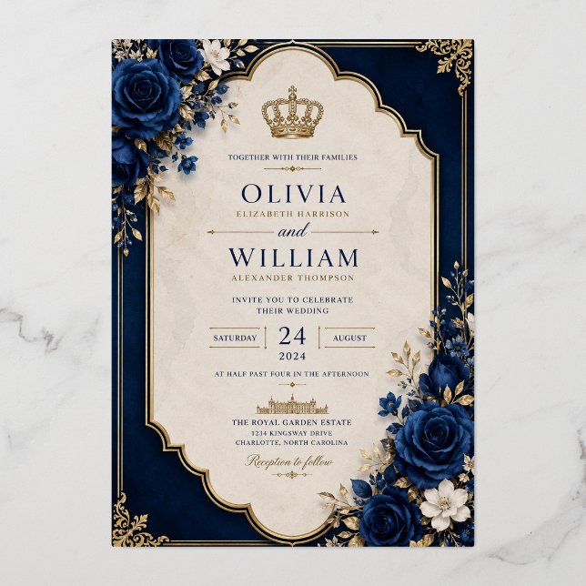 En Aluminium Invitation de mariage bleu Couronne Royale (Recto)