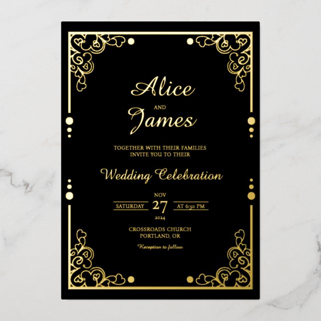 En Aluminium Invitation de mariage classique luxe noir avec feu (Recto)