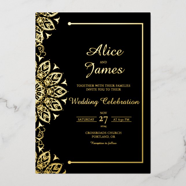 En Aluminium Invitation de mariage élégante mandala noir feuill (Recto)