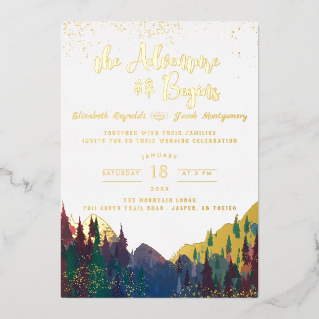 En Aluminium Invitation de mariage élégante Montagne dorée (Recto)