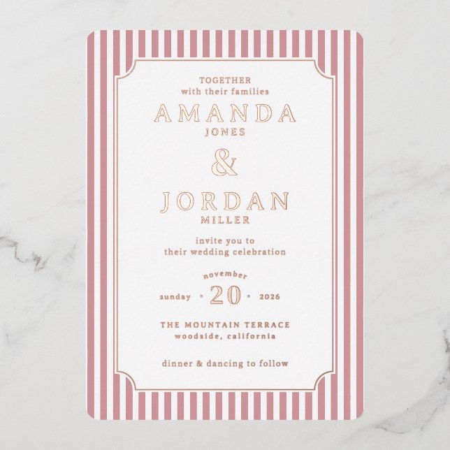 En Aluminium Invitation de mariage élégante rayée rose (Recto)