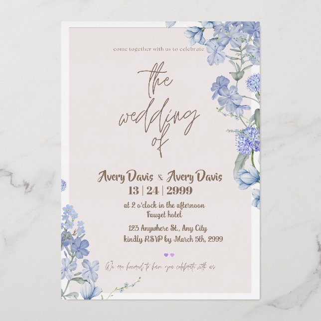 En Aluminium Invitation de mariage florale bleue (Recto)