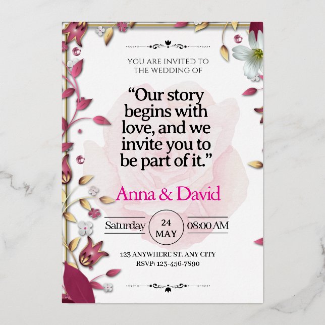 En Aluminium Invitation de mariage florale élégante (Recto)