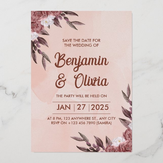 En Aluminium Invitation de mariage florale rose (Recto)