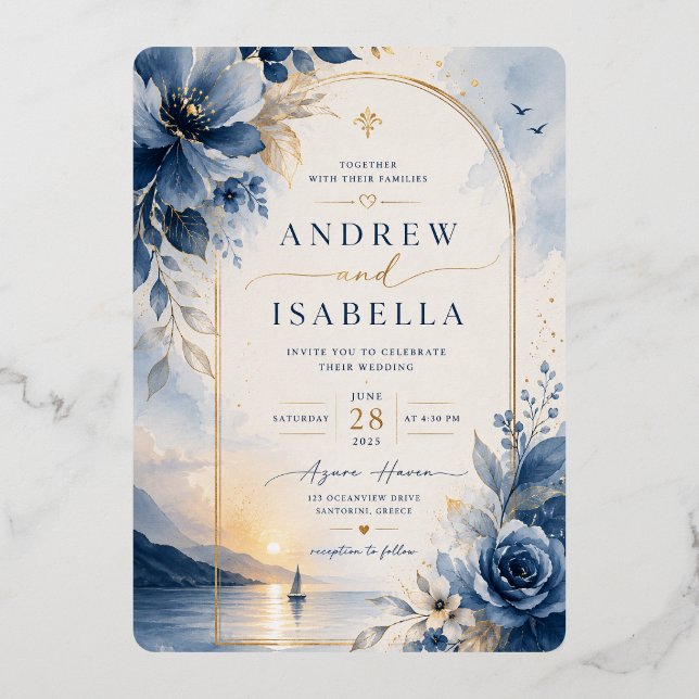 En Aluminium Invitation de mariage florale royale bleue (Recto)