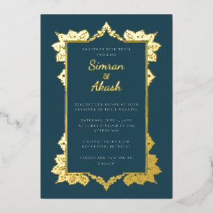 En Aluminium Invitation de mariage indien élégante sarcelle or