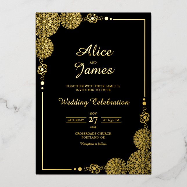 En Aluminium Invitation de mariage luxeuse Mandala noir et feui (Recto)