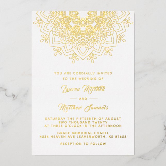 En Aluminium Invitation de mariage mandala or feuille d'alumini (Recto)