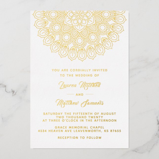 En Aluminium Invitation de mariage mandala or feuille d'alumini (Recto)