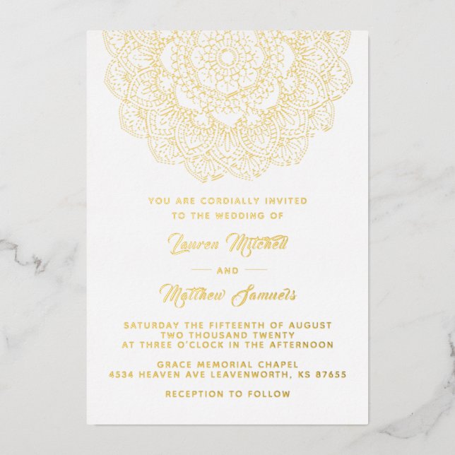 En Aluminium Invitation de mariage mandala or feuille d'alumini (Recto)