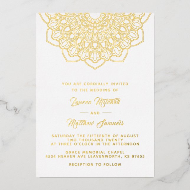 En Aluminium Invitation de mariage mandala or feuille d'alumini (Recto)