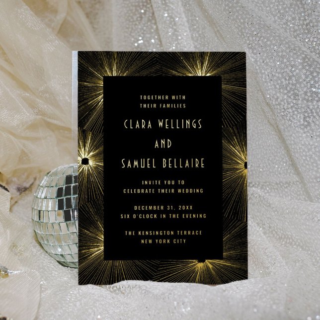 En Aluminium Invitation de mariage moderne Deco noir avec feuil (Glitzy black and gold foil wedding invitation.)