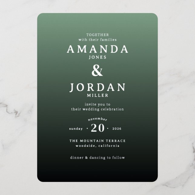 En Aluminium Invitation de mariage typographique verte élégante (Recto)