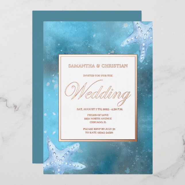 En Aluminium Invitation de mariage véritable feuille de mer ble (Recto/Verso)