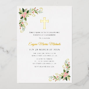 En Aluminium Invitation de première communion florale croix or