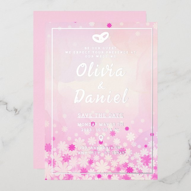 En Aluminium Invitation élégante avec motif floral rose et feui (Recto/Verso)