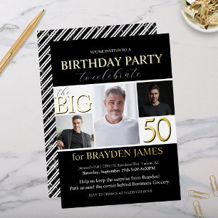 En Aluminium Invitation élégante noir blanc or pour 50e anniver