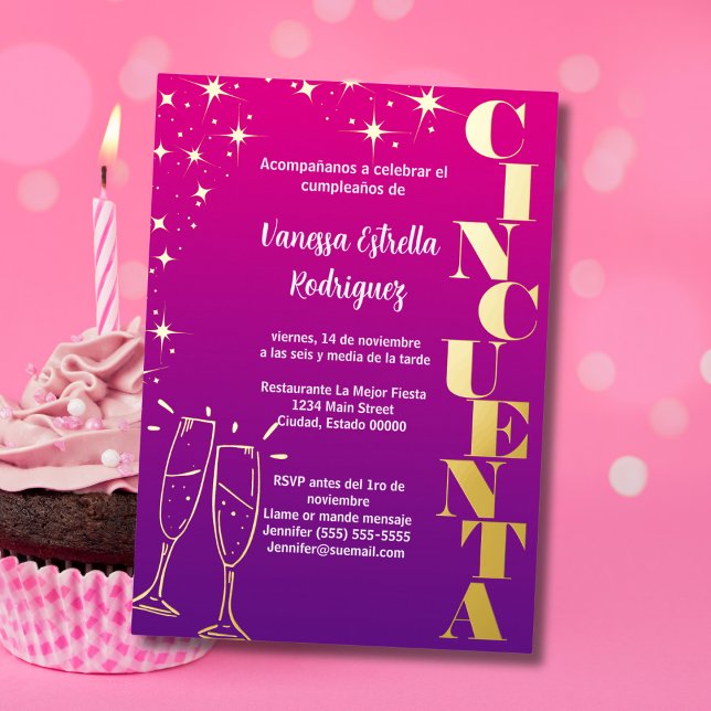 En Aluminium Invitation Espagnol 50 ans rose et violet (Créateur téléchargé)