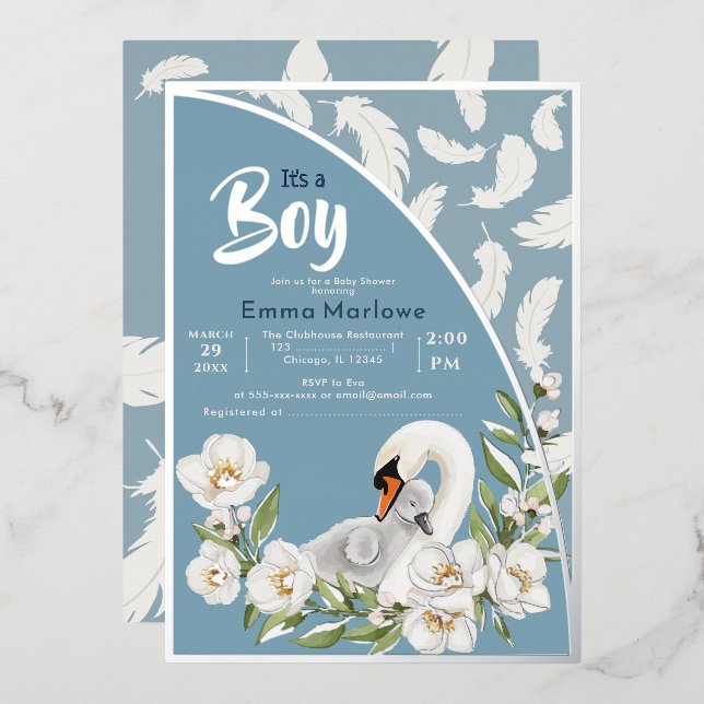 En Aluminium Invitation Feuille Bébé Cygne Bleu (Recto/Verso)