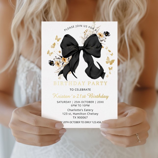 En Aluminium Invitation Fleurs Sauvages Ruban Noir Élégant Or (Elegant black Bow Coquette 21st Birthday invitation)