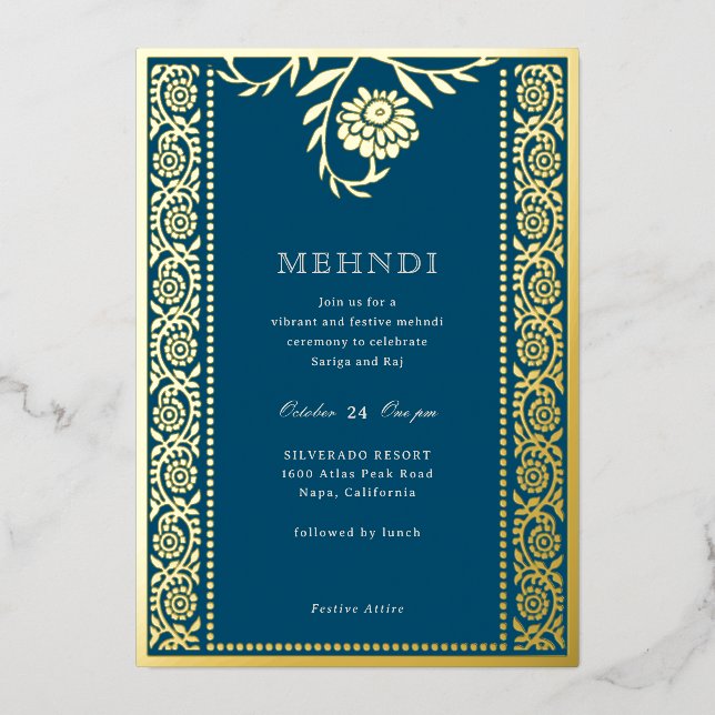 En Aluminium Invitation Floral Marigold Gold Mehndi (Recto)