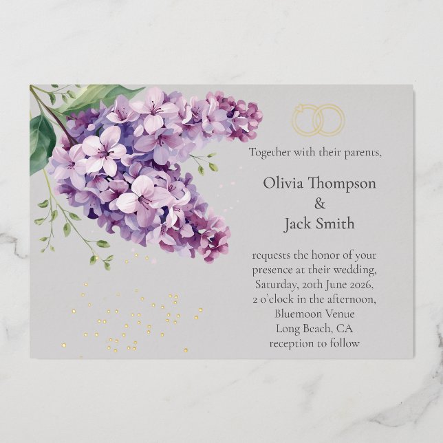 En Aluminium Invitation florale lilas éditable, florale et or (Recto)