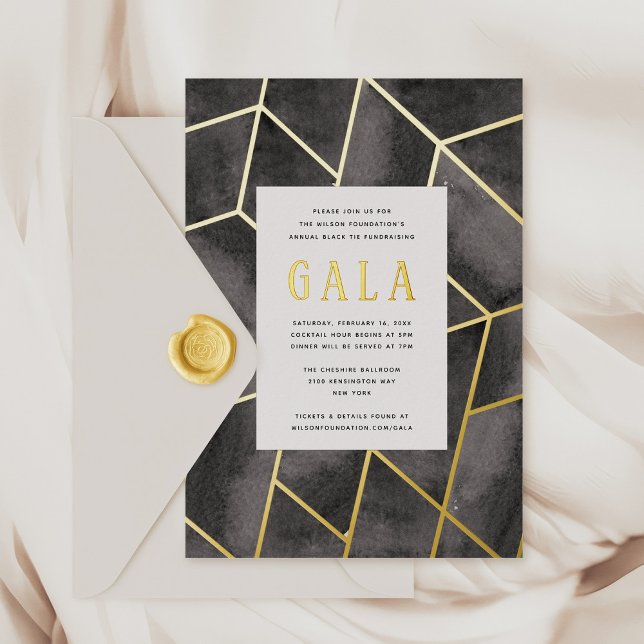 En Aluminium Invitation Gala Géométrique Noir Gold Foil (Black watercolor and gold foil Geometric Gala Invitation)