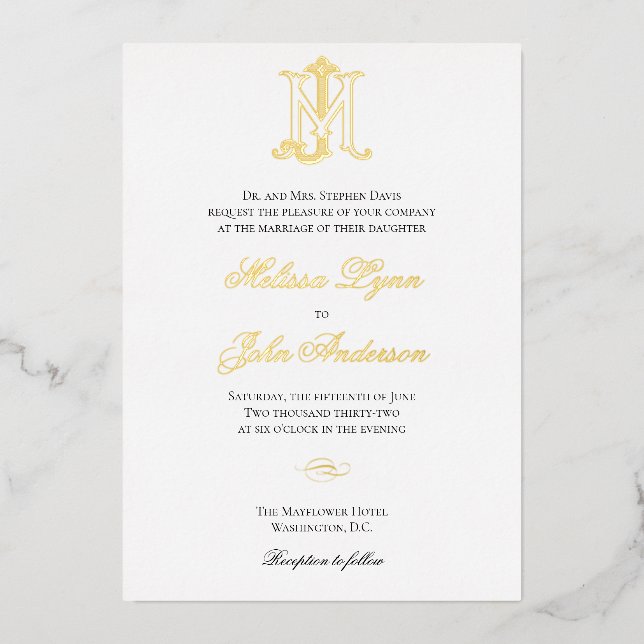 En Aluminium Invitation Gold Foil JM Monogramme ou MJ Monogramm (Recto)