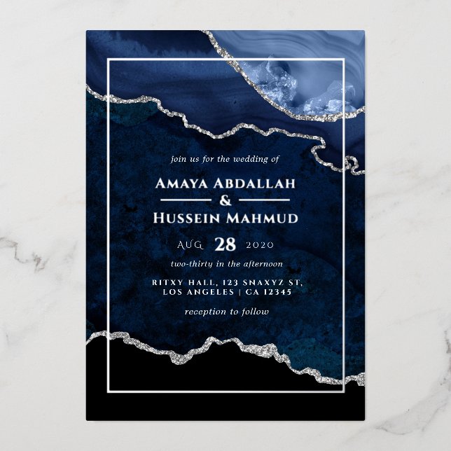 En Aluminium Invitation Mariage Foil  de la Marine Blue and Sil (Recto)