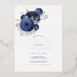En Aluminium Invitation photo de Bat Mitzvah à motif floral Nav