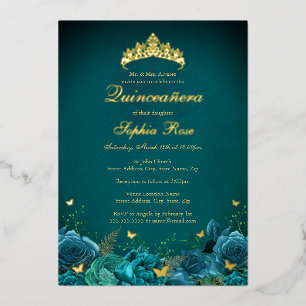 En Aluminium Invitation pour les 15 ans de Teal Floral Butterfl